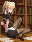  1girl alternate_costume apron bdsm black_legwear blonde_hair bondage bound dress full_body gagged gbeeee gravity_daze gravity_daze_2 kitten_(gravity_daze) long_hair maid maid_apron maid_headdress pantyhose ponytail red_eyes restrained short_sleeves sitting sweat 