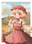  1girl aki_minoriko apron arinu black_ribbon blonde_hair blush clouds commentary_request fence food_themed_hair_ornament grape_hair_ornament hair_ornament hat highres long_sleeves looking_at_viewer mob_cap neck_ribbon outdoors red_eyes ribbon short_hair sky smile solo touhou tree wheat wooden_fence 