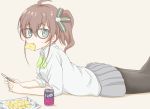  1girl ahoge bespectacled blue_eyes breasts brown_hair can chips fanta food food_in_mouth glasses graphite_(medium) hair_ribbon highres hololive looking_at_viewer lying natsuiro_matsuri on_stomach pantyhose phone ribbon school_uniform side_ponytail simple_background soda_can solo toratora_(nanahaba) traditional_media virtual_youtuber 