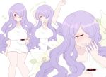  1girl arm_up camilla_(fire_emblem_if) closed_mouth coffee_mug cup fire_emblem fire_emblem_if flower hair_over_one_eye long_hair mug nintendo open_mouth plushcharm purple_hair shirt short_sleeves simple_background smile twitter_username violet_eyes white_background white_shirt yawning 