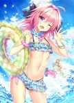  1boy 1girl astolfo_(fate) bikini brace bracelet braided_ponytail choker doughnut_print fang fate/apocrypha fate/grand_order fate_(series) frilled_bikini frilled_choker frills hair_ribbon highres innertube jewelry mordred_(fate)_(all) mordred_(swimsuit_rider)_(fate) otoko_no_ko pink_hair ponytail ribbon scrunchie surfboard surfing swimsuit trap violet_eyes water waving wrist_scrunchie yadamon_(neverland) 