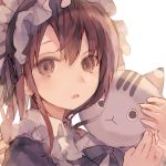  1girl black_neckwear bow bowtie brown_eyes brown_hair cat collared_shirt commentary_request copyright_request highres iijima_masashi looking_at_viewer maid maid_headdress parted_lips portrait shirt simple_background solo white_background wing_collar 