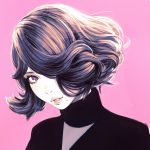  1girl commentary english_commentary hair_over_one_eye highres ilya_kuvshinov lips looking_at_viewer mole mole_under_eye mole_under_mouth one_eye_covered original parted_lips pink_background short_hair simple_background solo violet_eyes wavy_hair 