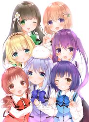  6+girls :d ;d absurdres angora_rabbit animal animal_on_head bangs blonde_hair blue_bow blue_eyes blue_hair blue_vest blush bow brown_eyes brown_hair brown_ribbon collared_shirt commentary_request eyebrows_visible_through_hair flower gochuumon_wa_usagi_desu_ka? green_eyes green_vest grin hair_between_eyes hair_flower hair_ornament hair_ribbon hairclip hand_holding highres hoto_cocoa interlocked_fingers jouga_maya kafuu_chino kirima_sharo light_brown_hair long_sleeves looking_at_viewer low_twintails maru_usagi_(maruusagi22) matching_outfit multiple_girls natsu_megumi on_head one_eye_closed open_mouth parted_lips purple_bow purple_hair purple_vest rabbit rabbit_house_uniform red_bow red_vest ribbon shirt sidelocks simple_background sleeves_past_wrists smile tedeza_rize tippy_(gochiusa) twintails ujimatsu_chiya uniform v vest violet_eyes waitress white_background white_flower white_shirt x_hair_ornament yellow_vest 