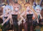  404_(girls_frontline) 4girls animal_ears bangs bar bare_shoulders between_legs black_legwear black_leotard blue_leotard blurry blurry_background blush bow bowtie breasts brown_eyes brown_hair bunny_tail bunnysuit cleavage counter covered_navel detached_collar double_bun eyebrows_visible_through_hair fake_animal_ears g11_(girls_frontline) girls_frontline green_eyes green_leotard hair_between_eyes hair_ornament hair_tie hanato_(seonoaiko) hand_between_legs hand_on_hip hand_up hk416_(girls_frontline) indoors knee_up large_breasts leotard long_hair looking_at_viewer medium_breasts multiple_girls one_side_up open_mouth pantyhose rabbit_ears scar scar_across_eye sidelocks silver_hair sitting small_breasts smile sparkle tail twintails ump45_(girls_frontline) ump9_(girls_frontline) very_long_hair wrist_cuffs yellow_eyes 