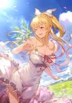  1girl bangs blonde_hair blue_sky blush bow breasts chevalier_(granblue_fantasy) cleavage clouds commentary dress falling_petals frills granblue_fantasy grass hair_bow highres kakage large_breasts long_skirt looking_at_another looking_at_viewer one_eye_closed open_mouth ponytail red_eyes red_ribbon ribbon sidelocks skirt sky spaghetti_strap sun vira_lilie white_bow white_dress wind 