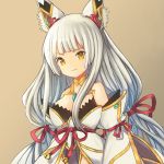  1girl animal_ears bangs blush cat_ears gloves highres long_hair looking_at_viewer mare_(umikamiko) nintendo niyah ribbon silver_hair simple_background smile solo spoilers twintails white_gloves xenoblade_(series) xenoblade_2 yellow_eyes 