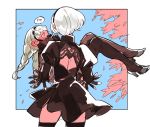  ! 2girls absurdres back_cutout black_dress black_gloves blush braid carrying dress feather-trimmed_sleeves from_behind gloves hairband heart highres kohiu looking_at_another low_twintails multiple_girls nier_(series) nier_automata operator_6o princess_carry puffy_sleeves short_hair silver_hair spoken_exclamation_mark spoken_heart thigh-highs tree twin_braids twintails veil yorha_no._2_type_b yuri 