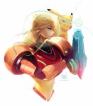  1girl bangs blonde_hair blue_eyes creatures_(company) game_freak gen_1_pokemon gun long_hair metroid mole mole_under_mouth nintendo pikachu pokemon pokemon_(creature) pokemon_(game) ponytail power_suit ross_tran samus_aran simple_background smile super_smash_bros. super_smash_bros._ultimate varia_suit weapon 