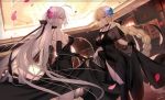  2girls ahoge bangs black_bow black_dress black_gloves black_legwear black_ribbon blonde_hair blush bow braid breasts chandelier choker cleavage dress dress_lift dutch_angle elbow_gloves eyebrows_visible_through_hair fate/grand_order fate_(series) floating_hair flower gloves hair_bow hair_flower hair_ornament hair_ribbon indoors jeanne_d&#039;arc_(alter)_(fate) jeanne_d&#039;arc_(fate)_(all) jewelry kneehighs large_breasts lifted_by_self long_hair looking_at_viewer multiple_girls necklace open_mouth parted_lips petals ribbon see-through shinooji silver_hair single_braid smile sparkle very_long_hair yellow_eyes 