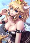  1girl bare_shoulders bent_over black_dress black_garter_straps black_nails blonde_hair blue_eyes blue_sky bowsette breasts cleavage collar collarbone commentary crown day dress earrings english_commentary fang fingernails floating_island garter_straps grin hair_between_eyes hand_up highres horns jewelry jing_li large_breasts long_fingernails long_hair looking_at_viewer super_mario_bros. nail_polish new_super_mario_bros._u_deluxe nintendo outdoors pointy_ears ponytail sharp_fingernails sky smile solo spiked_armlet spiked_collar spiked_shell spiked_tail spikes strapless strapless_dress super_crown tail teeth turtle_shell v-shaped_eyebrows 