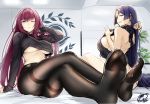 2girls ass backless_dress backless_outfit bangs bare_shoulders black_sweater blush breasts cropped_sweater dress fate/grand_order fate_(series) feet hair_between_eyes hand_in_hair hips indoors large_breasts legs long_hair looking_at_viewer low-tied_long_hair meme_attire minamoto_no_raikou_(fate/grand_order) multiple_girls no_bra okitakung on_bed one_eye_closed pantyhose parted_bangs purple_hair red_eyes ribbed_sweater scathach_(fate)_(all) scathach_(fate/grand_order) sideboob sitting smile sweater sweater_dress thighs turtleneck turtleneck_sweater type-moon under_boob very_long_hair violet_eyes virgin_killer_sweater