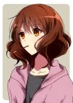  1girl black_shirt brown_eyes brown_hair cardigan collarbone eyebrows_visible_through_hair food hair_between_eyes hibike!_euphonium hood hood_down hooded_sweater mouth_hold open_cardigan open_clothes oumae_kumiko pink_sweater pocky sae_(renkyuuake) shirt short_hair solo sweater upper_body 