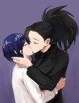  2girls bangs black_hair black_neckwear blue_hair boku_no_hero_academia business_suit clock closed_eyes eyebrows_visible_through_hair formal hand_on_another&#039;s_back hand_on_another&#039;s_head high_ponytail highres jirou_kyouka kiss multiple_girls necktie ponytail short_hair simple_background suit vvvmung watch watch yaoyorozu_momo yuri 