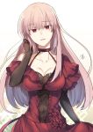  1girl alternate_costume black_gloves breasts cleavage dress fate/grand_order fate_(series) floral_print florence_nightingale_(fate/grand_order) gloves highres large_breasts long_hair nikame parted_lips pink_hair red_eyes 