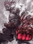  1boy belt clenched_hand clenched_teeth fog gouki grey_background muscle ponytail rope rope_belt sharp_teeth shu-mai simple_background solo spiky_hair street_fighter street_fighter_iv_(series) teeth white_eyes 