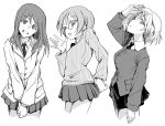  3girls :o azumi_(girls_und_panzer) bangs bc_freedom_school_uniform blazer cardigan commentary cowboy_shot dress_shirt girls_und_panzer glasses greyscale grin hands_together head_tilt jacket keizoku_school_uniform long_hair long_sleeves looking_at_viewer megumi_(girls_und_panzer) miniskirt mituki_(mitukiiro) monochrome multiple_girls necktie parted_lips pleated_skirt pose round_eyewear rumi_(girls_und_panzer) saunders_school_uniform school_connection school_uniform shading_eyes shirt short_hair skirt smile standing striped striped_shirt sweater symbol_commentary v-shaped_eyebrows v_arms vertical-striped_shirt vertical_stripes waving wing_collar 