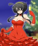  1girl ahoge alternate_costume arm_up bangs bare_shoulders black_eyes black_hair blurry blush breasts choker cleavage closed_mouth collarbone commentary_request covered_navel cup depth_of_field dress elbow_gloves eyebrows_visible_through_hair gloves hairband highres holding holding_cup long_hair looking_at_viewer medium_breasts ninoita_rina original pixiv_wrestling_association red_choker red_dress red_gloves sakasa_gurasan smile solo standing yellow_hairband 