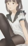  1girl black_hair brown_eyes brown_legwear commentary_request grey_background long_hair looking_at_viewer matayoshi original pantyhose parted_lips shirt short_sleeves simple_background sitting solo two_side_up white_shirt 