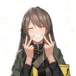  1girl ^_^ bangs black_ribbon black_shirt breasts brown_hair cero_(last2stage) closed_eyes closed_eyes commentary_request double_v eyebrows_visible_through_hair girls_frontline green_jacket grin hair_ribbon hands_up highres jacket large_breasts long_hair long_sleeves open_clothes open_jacket ribbon shirt simple_background smile solo strap teeth ump40_(girls_frontline) upper_body v white_background 