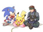  1boy 2others animal bandanna blue_eyes bone_(stare) brown_hair creatures_(company) facial_hair furry game game_freak gamecube gamecube_controller gen_1_pokemon gloves headband hedgehog joy-con konami male_focus metal_gear_(series) mouse nintendo nintendo_switch nunchuk_(wii) parody pikachu pokemon pokemon_(creature) pokemon_(game) sega shoes simple_background smile sneakers solid_snake sonic sonic_the_hedgehog sora_(company) super_smash_bros. super_smash_bros._ultimate super_smash_bros_brawl super_smash_bros_melee white_background wii wii_nunchuk wii_remote 