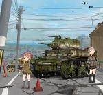  2girls alisa_(girls_und_panzer) artist_name bangs baton bird black_footwear black_shorts blue_sky boots brown_eyes brown_hair brown_jacket building cityscape closed_mouth clouds cloudy_sky crack day emblem eyebrows_visible_through_hair freckles frown girls_und_panzer ground_vehicle hair_ornament hands_in_pockets holding jacket kneehighs loafers long_sleeves looking_at_viewer military military_uniform military_vehicle motor_vehicle multiple_girls naomi_(girls_und_panzer) open_mouth outdoors road roundel saunders_military_uniform shasu_(lastochka) shoes short_hair short_twintails shorts signature sky standing star star_hair_ornament tank traffic_cone twintails uniform utility_pole vehicle_request very_short_hair 