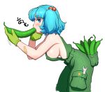  1girl bandaid_on_arm bangs bare_shoulders blue_eyes blue_hair blunt_bangs bow breasts commentary_request cucumber eating erect_nipples food from_side gloves green_gloves green_overalls hair_bow hand_on_own_chin holding holding_food kawashiro_nitori leaning_forward long_hair naked_overalls overalls pocket sexually_suggestive short_eyebrows short_hair sideboob simple_background solo thick_eyebrows touhou white_background wrench yonaki 
