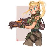  1girl aiming ammunition_pouch andrea_cofrancesco aqua_eyes armband bandaid_on_forehead bandolier bared_teeth blonde_hair camouflage cargo_pants dog_tags earrings facepaint fingerless_gloves flak_jacket gloves green_gloves gun high_collar highres holding holding_gun holding_weapon jewelry light_machine_gun long_hair military original pants pouch sleeveless sling solo twintails weapon 