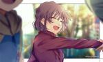  1boy 1girl :d blurry blurry_background blurry_foreground brown_hair closed_eyes haibara_ai lens_flare long_sleeves meitantei_conan monicanc open_mouth outstretched_arm red_sweater short_hair smile sweater twitter_username 