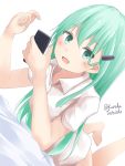  1girl :d absurdres bangs bed_sheet blush breasts cellphone collared_shirt dutch_angle eyebrows_visible_through_hair fingernails green_eyes green_hair hair_between_eyes hair_ornament hairclip hamayuu_(litore) hands_up highres holding holding_cellphone holding_phone kantai_collection legs_up long_hair lying on_stomach open_mouth phone shirt short_sleeves simple_background small_breasts smile solo suzuya_(kantai_collection) twitter_username very_long_hair white_background white_shirt 