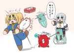  2girls black_legwear black_skirt blonde_hair blue_eyes blush bokota_(bokobokota) breasts chibi closed_eyes enemy_lifebuoy_(kantai_collection) fallout gambier_bay_(kantai_collection) hair_between_eyes hairband hibiki_(kantai_collection) highres japanese_clothes kantai_collection large_breasts long_hair long_sleeves multiple_girls neckerchief open_mouth parody pleated_skirt sailor_collar school_uniform serafuku silver_hair skirt thigh-highs twintails uniform vault_suit 