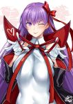  1girl ;p bangs bb_(fate)_(all) bb_(swimsuit_mooncancer)_(fate) blush breasts cape eyebrows_visible_through_hair fate/grand_order fate_(series) gloves hair_between_eyes hair_ribbon heart large_breasts leotard long_hair looking_at_viewer okitakung one_eye_closed purple_hair red_ribbon ribbon sidelocks smile solo tongue tongue_out very_long_hair violet_eyes white_gloves white_leotard 