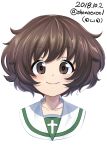  1girl :3 absurdres akiyama_yukari bangs blouse brown_eyes brown_hair closed_mouth commentary cropped_neck dated excel_(shena) eyebrows_visible_through_hair girls_und_panzer highres lips looking_at_viewer messy_hair ooarai_school_uniform portrait school_uniform serafuku short_hair simple_background smile solo twitter_username watermark white_background white_blouse 