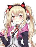  1girl :3 anchor_necklace animal_ears azur_lane bangs bell black_jacket blonde_hair blush breasts candy closed_mouth collared_shirt commentary_request concord_(azur_lane) drawstring fake_animal_ears food hand_up headphones highres himexin holding_lollipop jacket jingle_bell lollipop long_hair long_sleeves looking_at_viewer medium_breasts mole mole_under_eye neck_ribbon open_clothes open_jacket red_eyes red_neckwear ribbon shirt sidelocks simple_background sleeves_past_wrists solo star star-shaped_pupils symbol-shaped_pupils twintails upper_body white_background white_shirt 