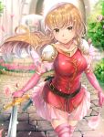  1girl blonde_hair brown_eyes cherry_blossoms collarbone elbow_gloves fire_emblem fire_emblem:_seisen_no_keifu floating_hair gloves haru_(nakajou-28) holding holding_sword holding_weapon lachesis_(fire_emblem) long_hair looking_at_viewer miniskirt nintendo outdoors pink_gloves pink_legwear pink_skirt sheath shiny shiny_hair shoulder_armor skirt smile solo spaulders standing sword thigh-highs unsheathed very_long_hair weapon zettai_ryouiki 