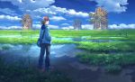  1boy bag baseball_cap blue_footwear blue_hoodie blue_sky brown_eyes brown_hair clouds cloudy_sky creatures_(company) field from_behind game_freak gen_5_pokemon grass hands_in_pockets hat hood hood_down looking_at_viewer looking_back nintendo outdoors palpitoad pants pippi_(pixiv_1922055) pokemon pokemon_(creature) reflection shoes shoulder_bag sky smile solo touya_(pokemon) windmill 