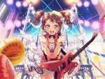 1girl alternate_hairstyle balloon bang_dream! blush brown_hair building dress guitar hat lights looking_at_viewer official_art open_mouth short_hair smile solo star_hair_ornament starry_sky toyama_kasumi twintails violet_eyes