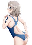  1girl adjusting_clothes adjusting_swimsuit ass back bangs blue_eyes blue_swimsuit blush breasts competition_swimsuit eyebrows_visible_through_hair grey_hair looking_at_viewer looking_back love_live! love_live!_sunshine!! miel_(lessontome) one-piece_swimsuit open_mouth short_hair simple_background solo swimsuit watanabe_you white_background 