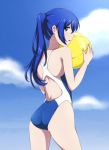  1girl alternate_hairstyle ass astarte_(strike_the_blood) ball blue_eyes blue_hair blue_sky clouds competition_swimsuit cowboy_shot holding holding_ball long_hair looking_at_viewer looking_back one-piece_swimsuit open_mouth ponytail shiny shiny_hair sky solo standing strike_the_blood swimsuit yyi 