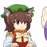  1girl :&gt; :3 :d ^_^ animal_ear_fluff animal_ears arm_up bangs blinking blush bow bowtie brown_eyes brown_hair cat_ears chen closed_eyes earrings eyebrows_visible_through_hair green_hat hair_between_eyes hat jewelry long_sleeves mob_cap open_mouth palms_together red_vest shirt short_hair smile solo_focus tada_no_nasu touhou translated upper_body vest white_shirt wide_sleeves yakumo_ran yellow_bow yellow_neckwear 