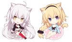  2girls :d ahoge animal_ear_fluff animal_ears asymmetrical_legwear bare_legs barefoot bikini black_bikini black_gloves black_hairband blonde_hair blue_jacket blush_stickers breasts brown_eyes cat_ears cat_girl cat_tail cleavage closed_mouth commentary_request fate/grand_order fate_(series) gloves hairband head_tilt hood hood_down hooded_jacket innertube jacket jeanne_d&#039;arc_(alter_swimsuit_berserker) jeanne_d&#039;arc_(fate)_(all) jeanne_d&#039;arc_(swimsuit_archer) kemonomimi_mode long_hair long_sleeves medium_breasts miko_92 multiple_girls navel o-ring o-ring_bikini o-ring_bottom o-ring_top open_clothes open_jacket open_mouth red_legwear silver_hair single_thighhigh sitting smile swimsuit tail thigh-highs very_long_hair violet_eyes white_background 