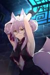  1girl animal_ears armpits arms_up bound breasts center_opening chain chained chains china_dress chinese_clothes cis05 cuffs double_bun dress fate/grand_order fate_(series) fox_ears fox_tail glasses koyanskaya no_bra pink_hair prison tail under_boob yellow_eyes 