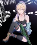  1girl absurdres ankoiri blonde_hair boots bow breasts building cleavage finger_gun girls_frontline gun hair_bow hairband highres holding holding_gun holding_weapon off_shoulder orange_eyes ponytail rifle sitting sniper_rifle solo sv-98 sv-98_(girls_frontline) tank_top thigh-highs weapon 