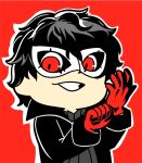  1boy amamiya_ren bkub black_coat black_hair clenched_hand commentary domino_mask gloves grey_shirt grin male_focus mask nintendo outline persona persona_5 red_background red_eyes red_gloves shirt short_hair simple_background smile solo super_smash_bros. super_smash_bros._ultimate sweater turtleneck turtleneck_sweater white_outline 