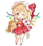  1girl ;3 ;d ascot blonde_hair blush chibi crystal fang flandre_scarlet full_body hat hat_ribbon holding holding_stuffed_animal looking_at_viewer medium_hair mob_cap one_eye_closed open_mouth paragasu_(parags112) petticoat puffy_short_sleeves puffy_sleeves red_eyes red_ribbon red_skirt red_vest ribbon shirt shoes short_sleeves simple_background skirt skirt_set smile socks solo standing stuffed_animal stuffed_toy teddy_bear touhou v-shaped_eyebrows vest white_background white_shirt wings wrist_cuffs yellow_neckwear 