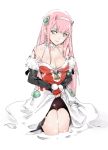  1girl alternate_costume artist_name bare_shoulders bell breasts cleavage darling_in_the_franxx elbow_gloves fingerless_gloves gloves green_eyes highres large_breasts long_hair looking_at_viewer pink_hair relaxjon santa_costume sketch solo white_background zero_two_(darling_in_the_franxx) 