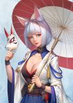  1girl animal_ears azur_lane bangs blue_eyes blunt_bangs breasts cleavage eyeliner eyeshadow fox_ears fox_girl fox_mask highres holding holding_mask japanese_clothes kaga_(azur_lane) kimono kitsune large_breasts looking_at_viewer makeup mask oriental_umbrella parted_lips short_hair silver_hair skirt slit_pupils solo tail ttheyue umbrella wide_sleeves 