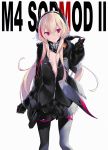  1girl bangs black_jacket black_legwear breasts character_name closed_mouth coat commentary eyebrows_visible_through_hair girls_frontline hair_between_eyes headgear jacket long_hair m4_sopmod_ii_(girls_frontline) mechanical_arm mimelond multicolored_hair open_clothes open_coat partially_unbuttoned pink_hair red_eyes small_breasts smile solo streaked_hair thigh-highs 