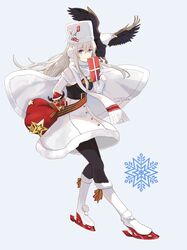  1girl arm_behind_back azur_lane bald_eagle bird boots capelet chinese_commentary christmas commentary_request dress eagle earmuffs enterprise_(azur_lane) eyebrows_visible_through_hair full_body gift hat kkkula_(kula) lavender_eyes leggings long_hair sack scarf silver_hair skates snowman_hair_ornament solo standing stuffed_animal stuffed_toy 