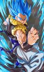  1boy aura belt black_vest blue_belt blue_eyes boots commentary dragon_ball dragon_ball_super_broly fighting_stance floating_clothes fusion gogeta grey_background looking_at_viewer male_focus muscle pants riiya_am signature smile solo spiky_hair super_saiyan_blue vest white_pants 